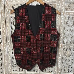 Vintage 1980’s Creazioni Effeci Sequined/Beaded Red & Black Holiday Vest -Size M